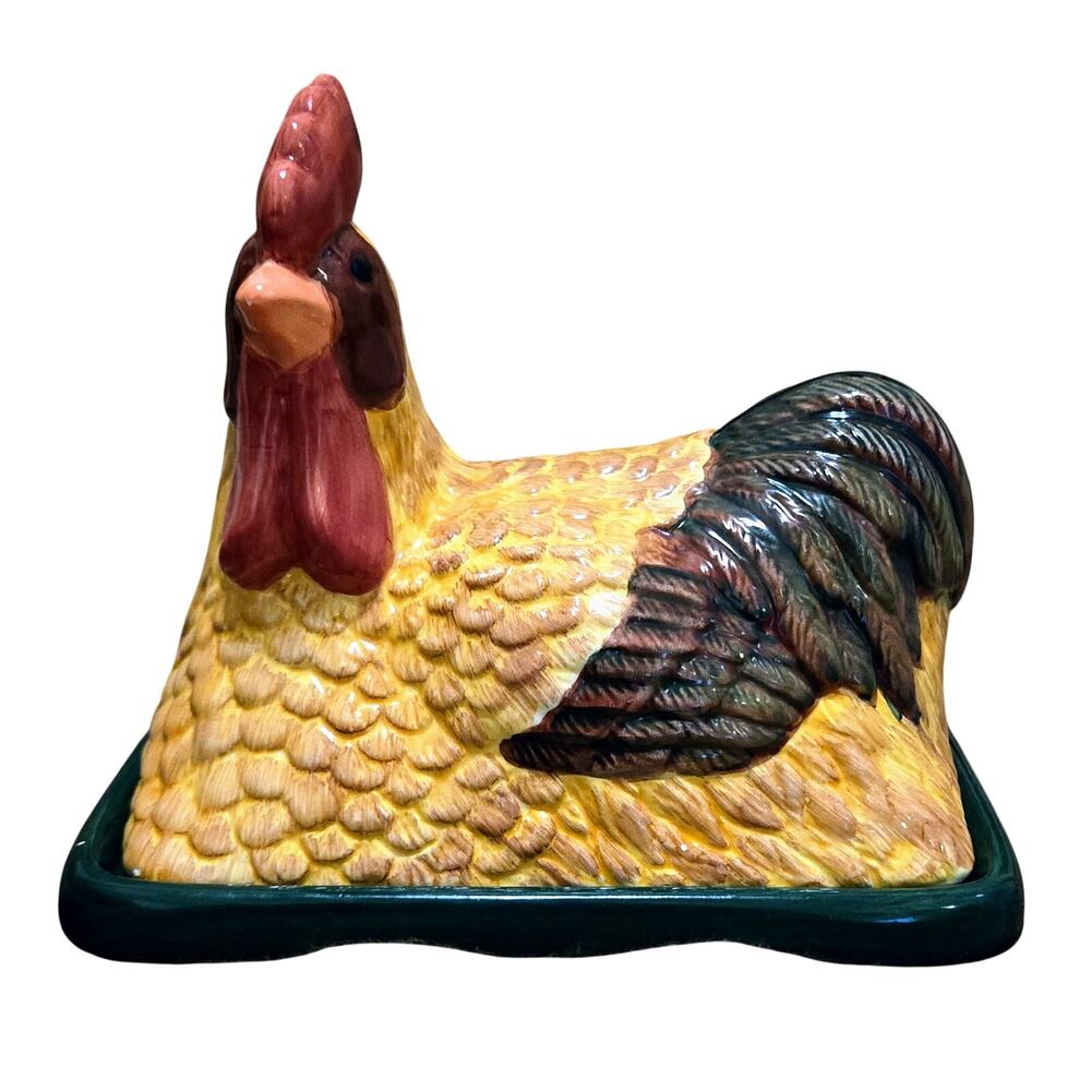 Vintage Ceramic Rooster 2-Piece Covered Butter Dish Small Chips on Comb 6x4x5.5